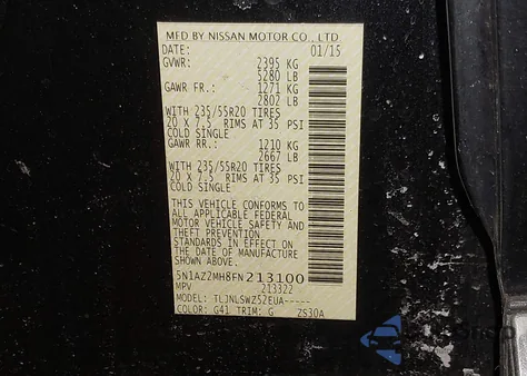 2015 Nissan Murano Platinum z USA, uszkodzony, nr VIN 5N1AZ2MH8FN213100